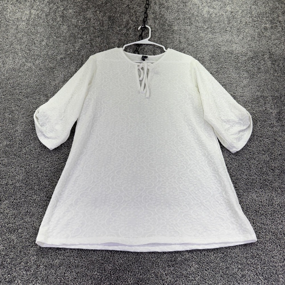 Portocruz Top Womens L White Textured 3/4 Sleeve Lace Up Beach Tunic